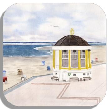 Untersetzer Glasuntersetzer 9,5 x 9,5 cm Aquarell Maritim Kunst Druck Kunstdruck Nordsee Pavillon Musikpavillon Insel Borkum Meer Strand